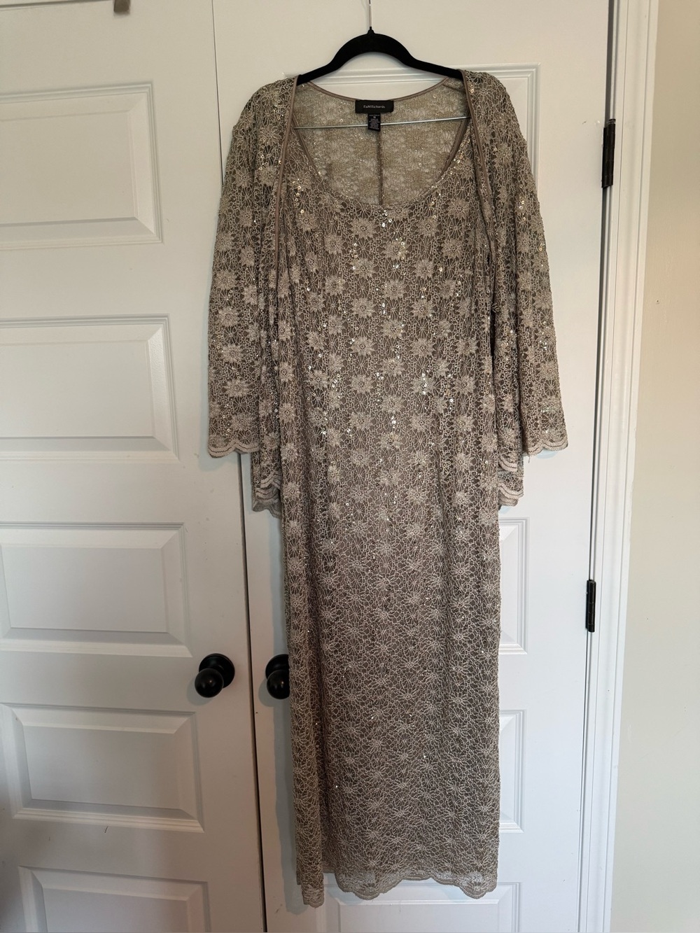 R&M Richards Evening Taupe Lace & Sequin Maxi Dress